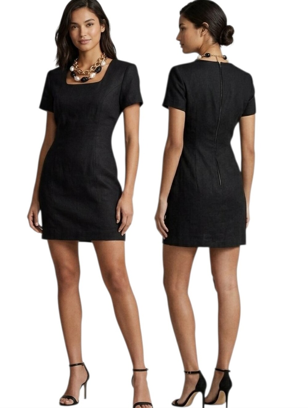 CAROL HORN Vintage 1980s Black Classic Linen Sheath Dress - Size 8P